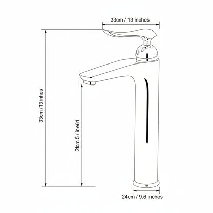 Chrome faucet with dimensions displayed over a bathroom setting