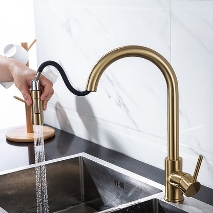 Modern Pull-Down Kitchen Faucet, Single-Handle Swivel Spout Faucet, Matte Black / Brushed Gold / Brushed Nickel / Chrome / Gunmetal