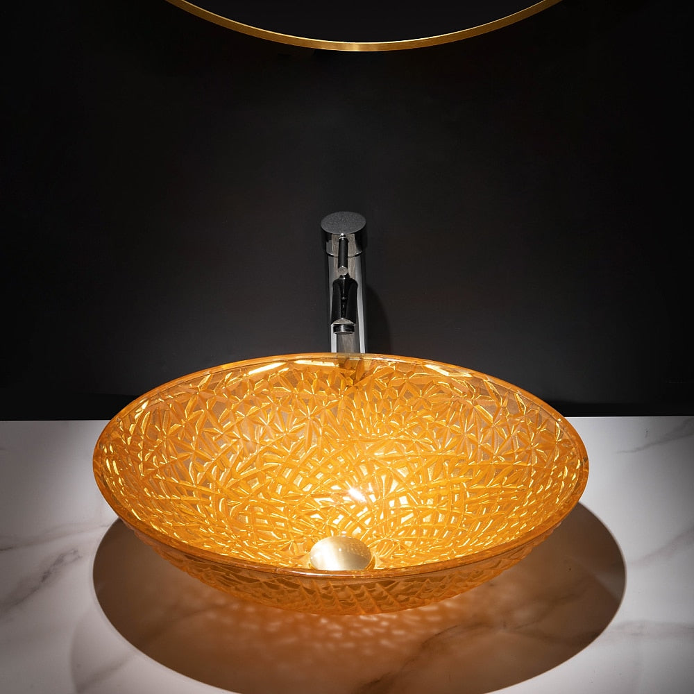 Orange Oval Glass Vessel Sink with Chrome Faucet, Single-Handle Bathroom Vessel Faucet with Pop-Up Drain