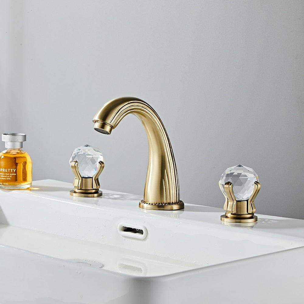 Modern Widespread Bathroom Faucet with Crystal Knob Handles, 3-Hole Double-Handle Brass Basin Mixer Tap, Antique Brass / Brushed Gold / Chrome / Matte Black / Rose Gold / Gunmetal / PVD