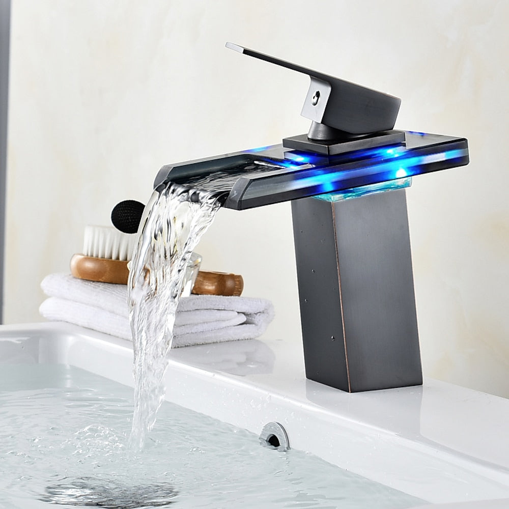 LED Waterfall Single-Hole Bathroom Faucet, Single-Handle Brass Sink Faucet, Brushed Nickel / Oil-Rubbed Bronze / Chrome