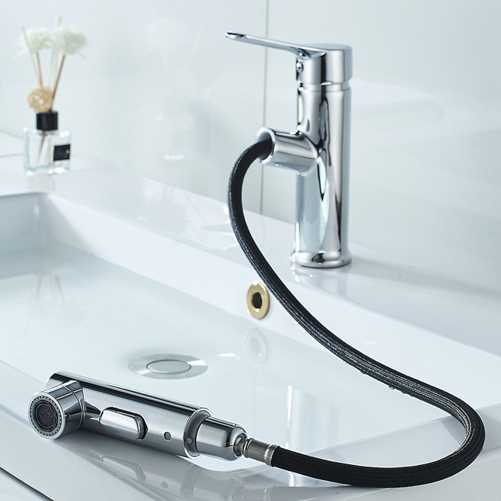 Modern Pull-Out Bathroom Faucet, Single-Handle Fountain Spout Faucet, Matte Black / Chrome