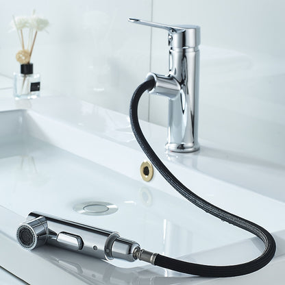 Modern Pull-Out Bathroom Faucet, Single-Handle Fountain Spout Faucet, Matte Black / Chrome