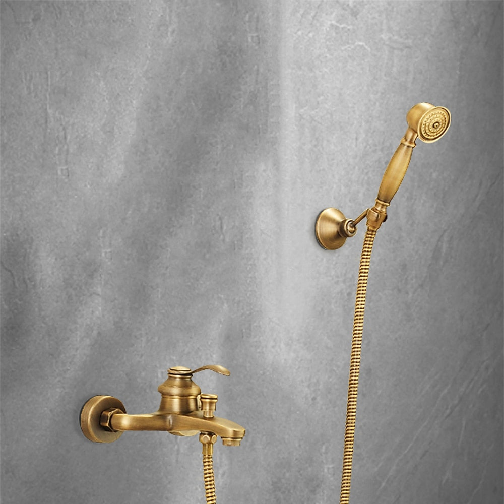 Antique Brass Wall-Mount Tub Faucet, Single-Handle Brass Tub Filler Faucet with Hand Shower