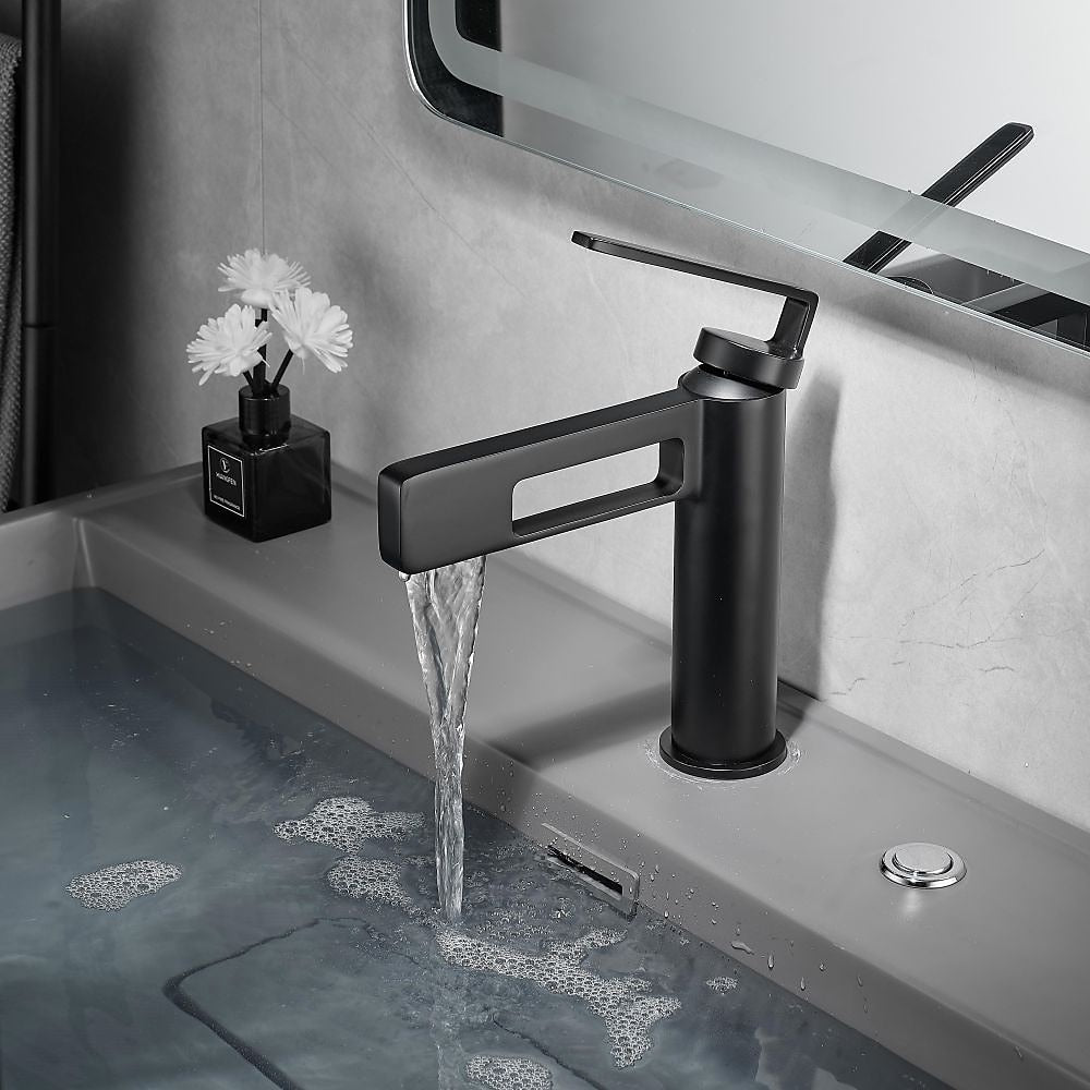 Modern Waterfall Bathroom Sink Faucet, Single-Handle Single-Hole Brass Faucet, Matte Black / Brushed Gold / Gunmetal / Chrome / Matte White