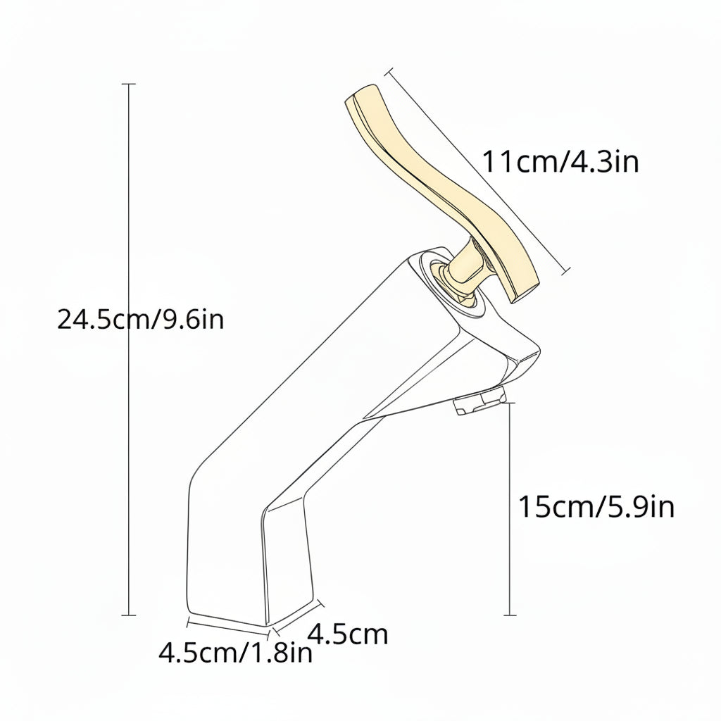 Black and gold faucet with measurements on a white background