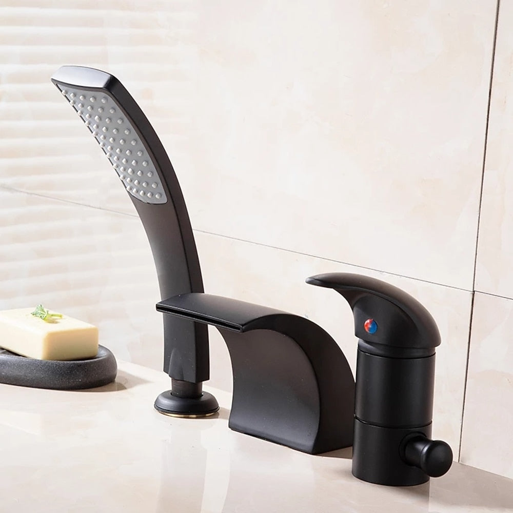 Waterfall Spout Single-Handle Roman Tub Faucet, Deck-Mount Tub Filler Faucet with Handheld Shower, Chrome / Matte Black