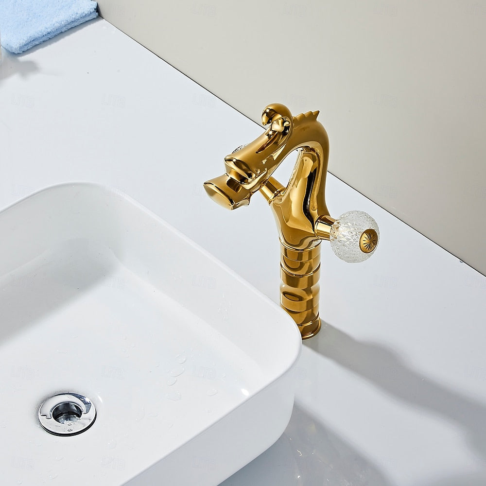 Polished Gold Dragon Bathroom Faucet, Single-Hole Double Crystal Knob Handle Faucet