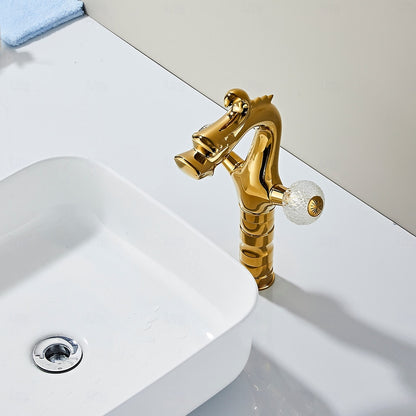 Polished Gold Dragon Bathroom Faucet, Single-Hole Double Crystal Knob Handle Faucet