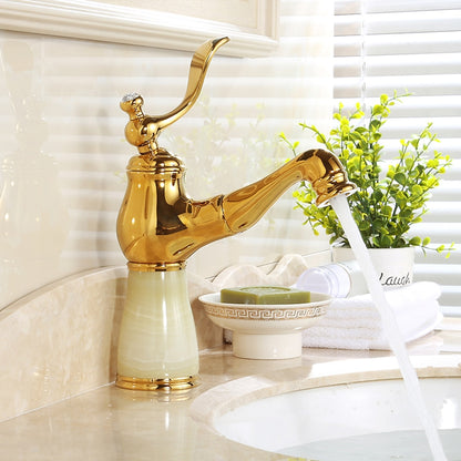 Vintage Traditional Single-Hole Bathroom Faucet, Single-Handle Brass Faucet with Marble Column Base, Gold / White / Multi