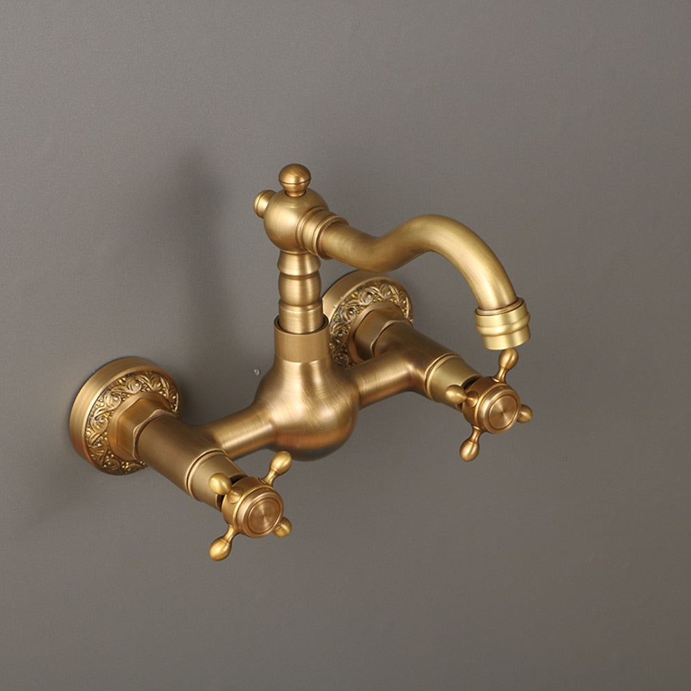 Traditional Antique Brass Wall-Mount Kitchen Faucet, Dual Cross Handle Brass Faucet with Swivel Spout