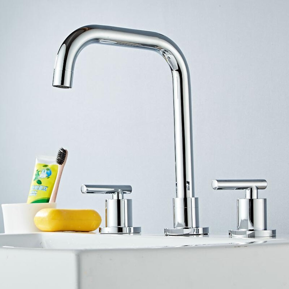 360-Degree Swivel Widespread Bathroom Faucet, Double Lever Handle Brass Basin Faucet, Polished Gold / Chrome