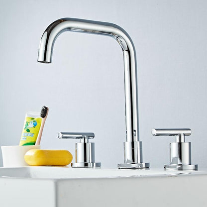 360-Degree Swivel Widespread Bathroom Faucet, Double Lever Handle Brass Basin Faucet, Polished Gold / Chrome