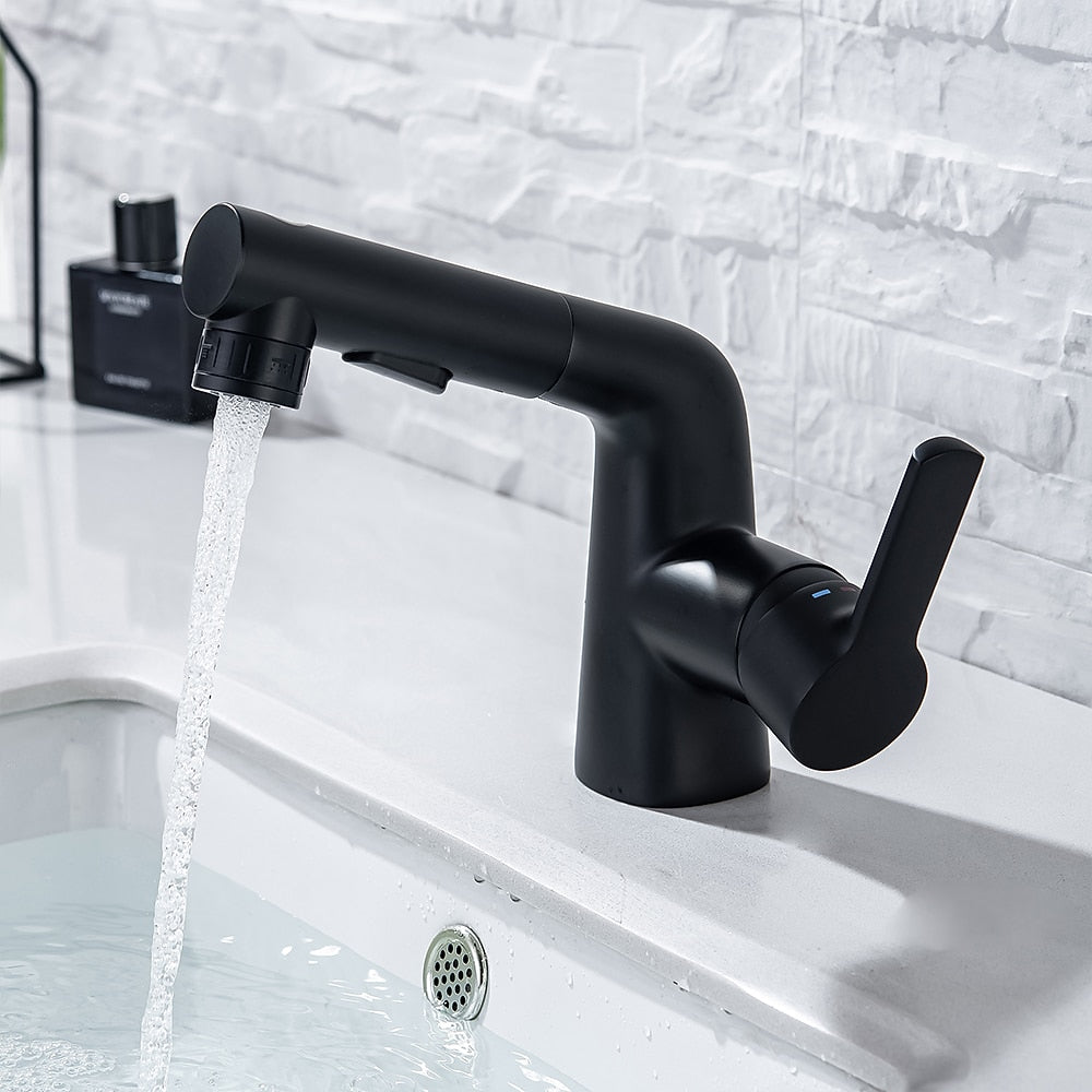 Modern Pull-Out Bathroom Sink Faucet, Single-Handle Swivel Spout Faucet, Brushed Gold / Chrome / Matte Black / Gunmetal
