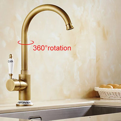 Antique Brass Retro Kitchen Faucet, Single-Handle Swivel Spout Faucet