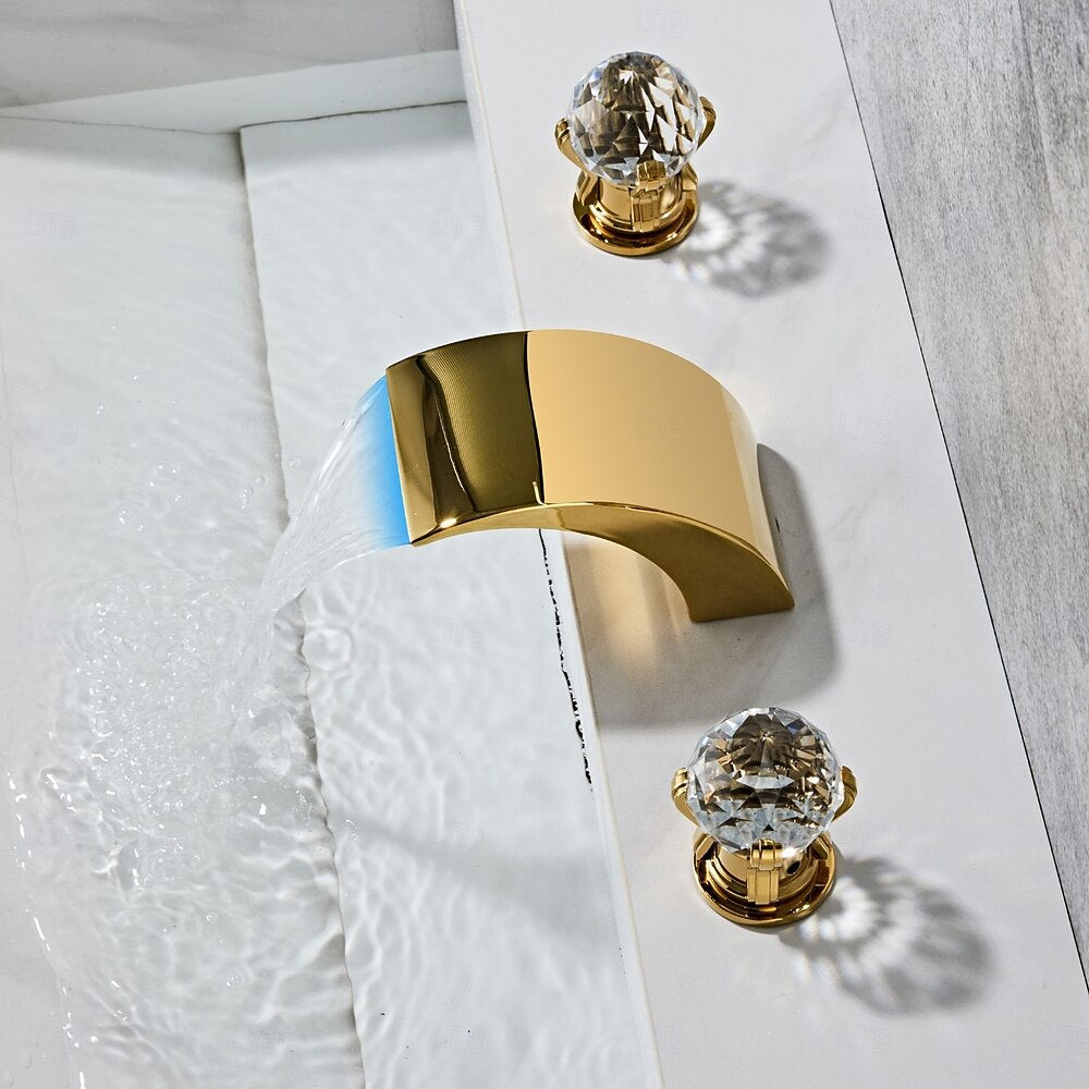 Polished Gold LED Waterfall Bathroom Faucet, Modern 3-Hole Widespread Double-Handle Faucet