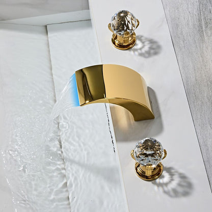 Polished Gold LED Waterfall Bathroom Faucet, Modern 3-Hole Widespread Double-Handle Faucet