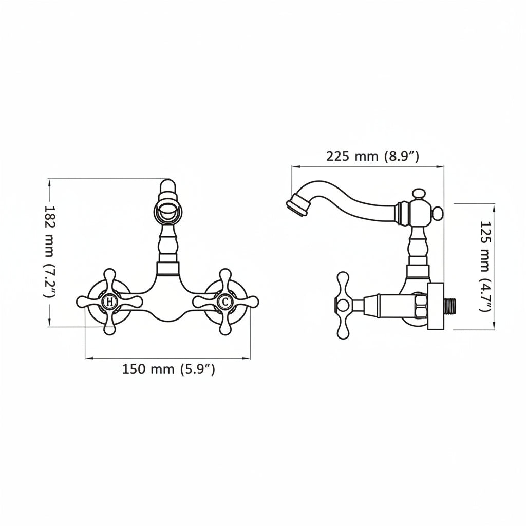 Technical drawing of a faucet with dimensions labeled