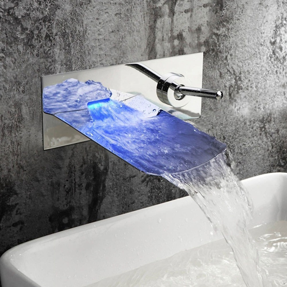 LED Waterfall Wall-Mount Faucet, Single-Handle Bathroom Basin Tap, Chrome / Brushed Nickel / Oil-Rubbed Bronze / Brushed Gold / Rose Gold