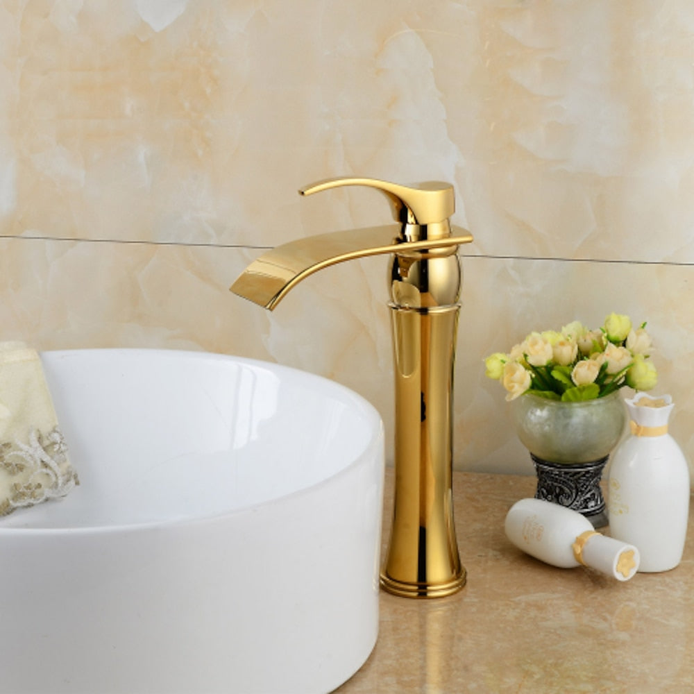 Polished Gold Waterfall Vessel Sink Faucet, Single-Handle Brass Bathroom Faucet