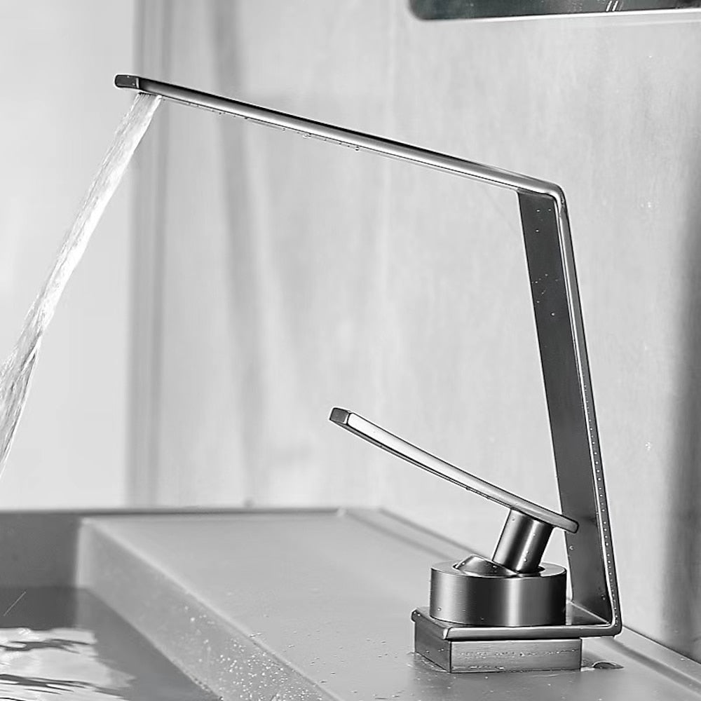 Waterfall Bathroom Faucet, Modern Single-Hole Single-Handle Faucet with Pop-Up Drain, Chrome / Matte Black / Gunmetal