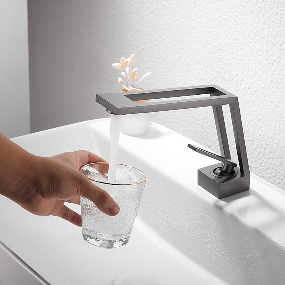 Modern Waterfall Bathroom Faucet, Single-Handle Brass Sink Faucet, Matte Black / Brushed Gold / Gunmetal / Matte White