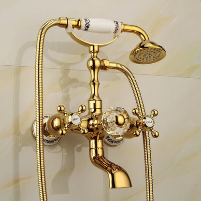 Polished Gold Wall-Mount Tub Filler Faucet, Telephone Dual-Handle Bathtub Faucet with Handheld Shower