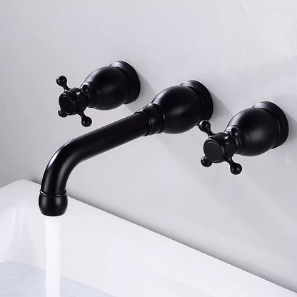 360-Degree Swivel Spout Wall-Mount Bathroom Faucet, Traditional Dual Cross Handle Brass Faucet, Antique Brass / Matte Black / Chrome / Matte White