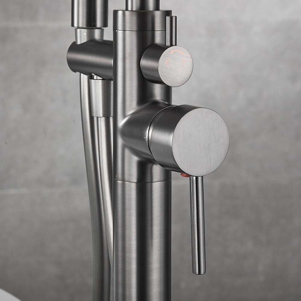 Gunmetal Floor-Mount Freestanding Tub Filler Faucet, Single-Handle Swivel Spout Bathtub Faucet with Handheld Shower