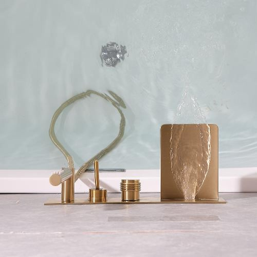Waterfall Wall-Mount Tub Filler Faucet, Brass Bathtub Faucet with Handheld Shower, Brushed Gold / Matte Black