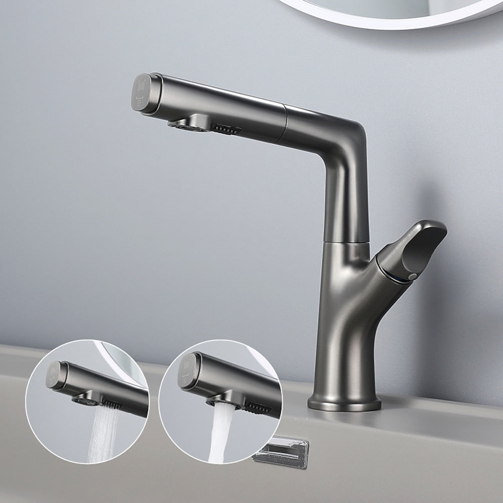 Pull-Out Spout Modern Bathroom Faucet, Single-Handle Single-Hole Swivel Faucet, Matte White / Chrome / Gunmetal