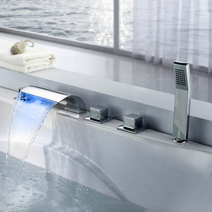 Chrome LED Waterfall Roman Tub Faucet, 5-Hole 3-Handle Deck Mount Faucet with Handheld Shower
