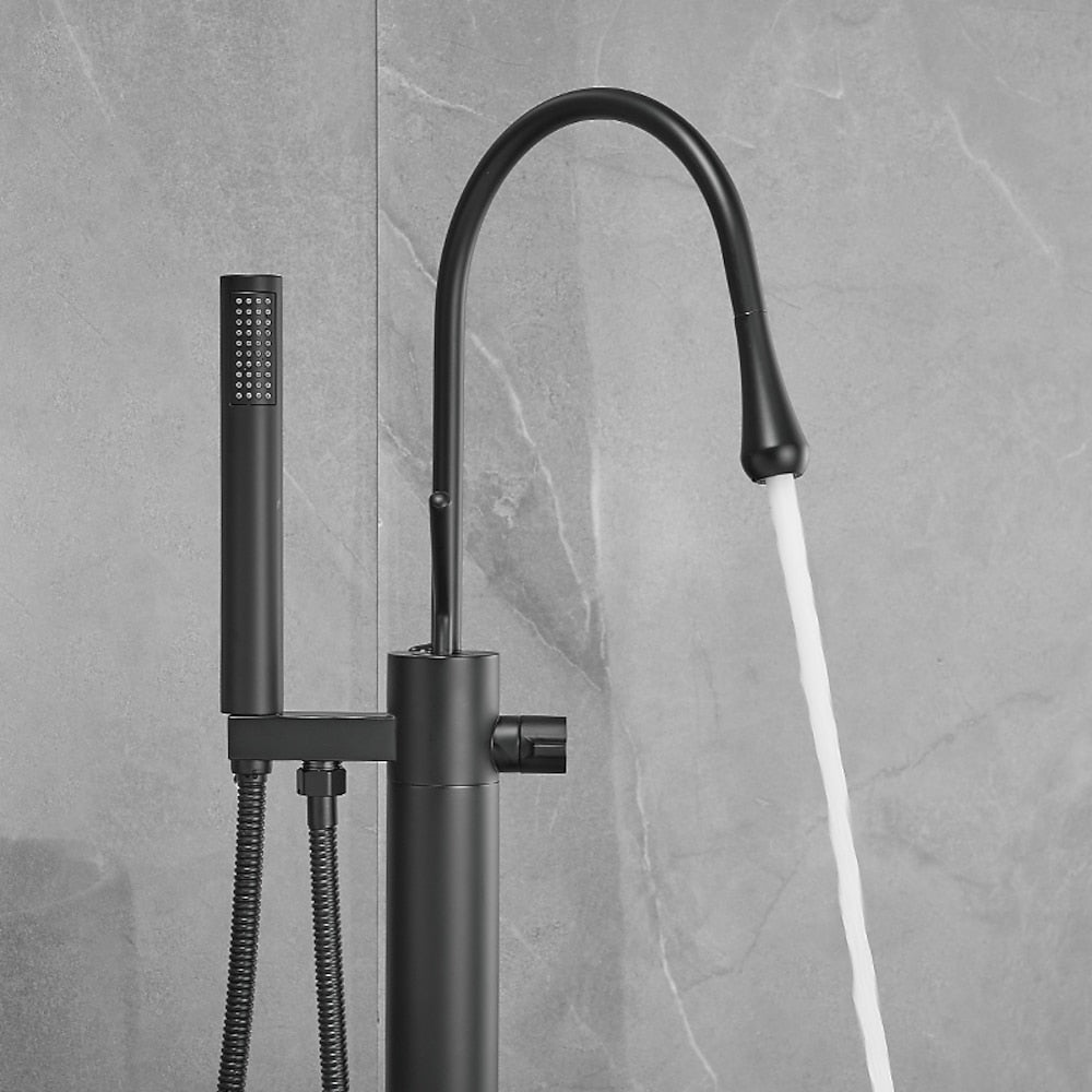 Modern High Arc Freestanding Tub Filler Faucet, Single-Handle Brass Bath Faucet with Handheld Shower, Chrome / Matte Black