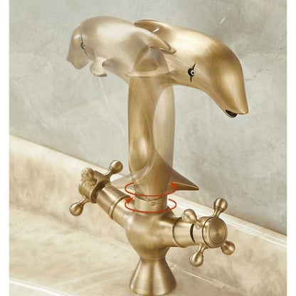 Dolphin Antique Brass Waterfall Bathroom Faucet, Single-Hole Double-Handle Brass Faucet
