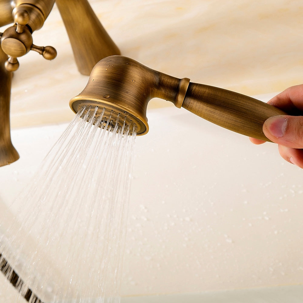 Antique Brass Traditional Deck-Mount Tub Faucet, Two-Handle Tub Filler with Handheld Shower