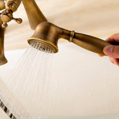 Antique Brass Traditional Deck-Mount Tub Faucet, Two-Handle Tub Filler with Handheld Shower