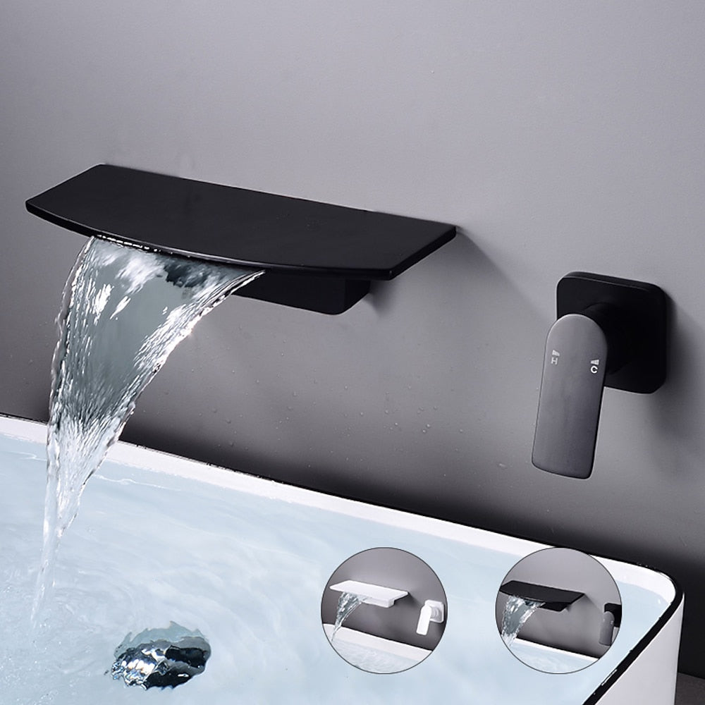 Waterfall Wall-Mount Bathroom Faucet, Single-Handle Brass Sink Faucet, Matte Black / Matte White