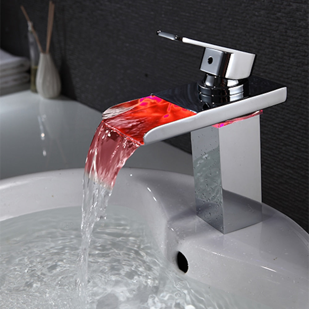 LED Waterfall Single-Hole Bathroom Faucet, Modern Single-Handle Brass Faucet, Chrome / Matte Black / Rose Gold / Polished Gold / Brushed Nickel / Brushed Gold / Matte White