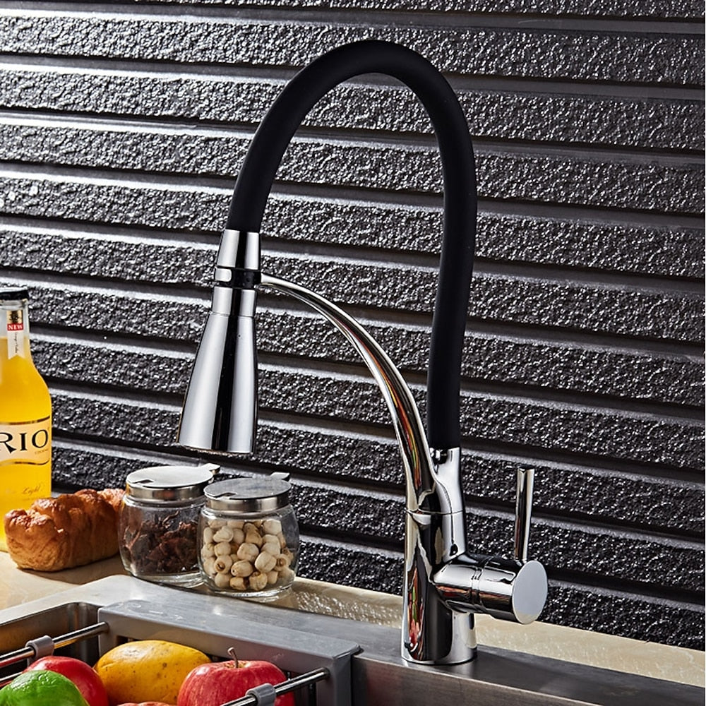 Modern LED Pull-Down Kitchen Faucet, Single-Handle Brass Faucet with Swivel Silicone Hose, Silver / Black / Multi