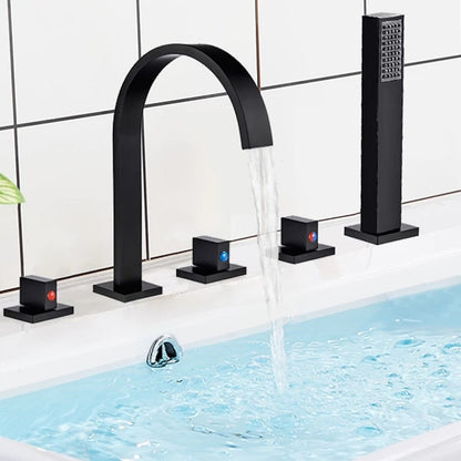 High Arc Roman Tub Faucet, 3-Handle Deck Mounted Bath Filler with Handheld Shower, Chrome / Matte Black