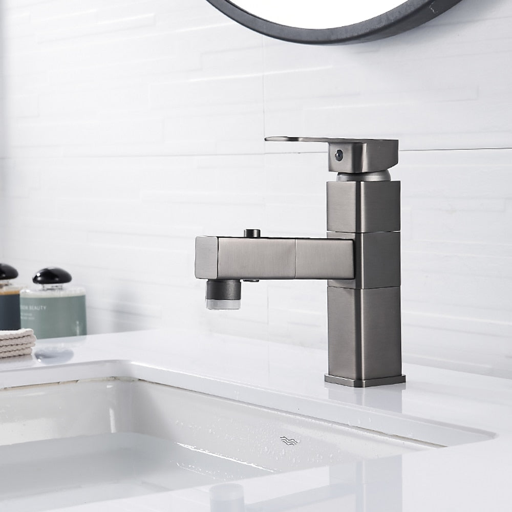 Modern Pull-Out Bathroom Faucet, Single-Hole Swivel Spout Faucet, Matte Black / Chrome / Brushed Nickel / Gunmetal / Matte White