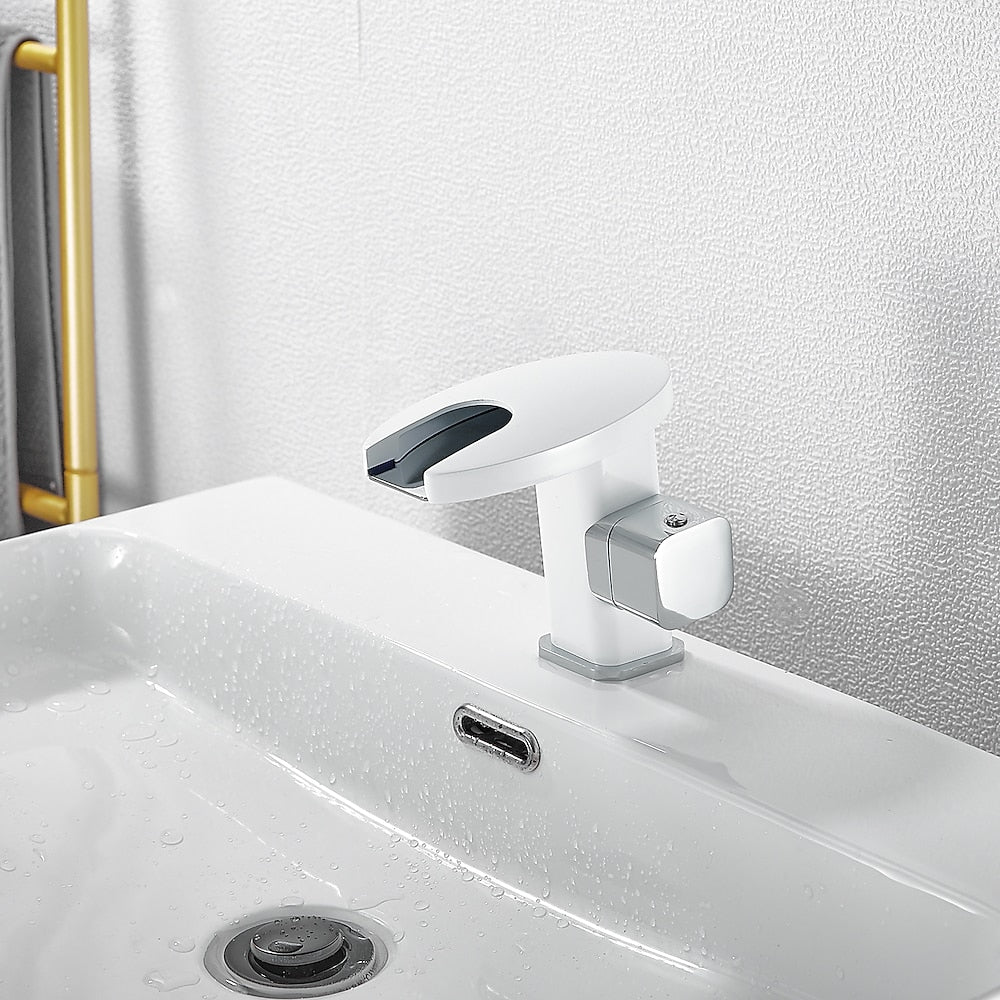 LED Waterfall Bathroom Faucet, Single-Handle Deck-Mount Faucet, Matte Black / Chrome / Polished Gold / Matte White