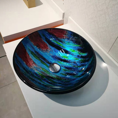 Multi- Tree Grain Tempered Glass Vessel Sink, Round Bathroom Basin with Chrome Pop-Up Drain