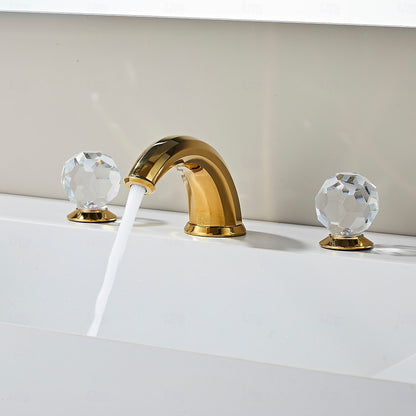 Polished Gold Modern Widespread Bathroom Faucet, Dual Crystal Knob Handles Faucet