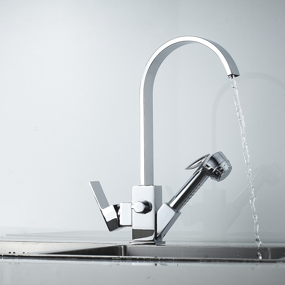 Chrome Pull-Out Sprayer Kitchen Faucet, Modern Single-Handle High Arc Faucet