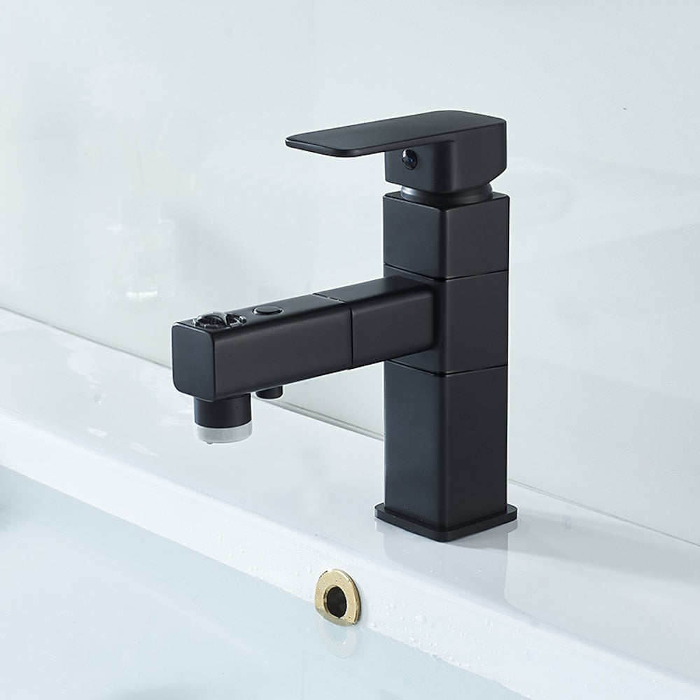 Modern Pull-Out Bathroom Faucet, Single-Hole Swivel Spout Faucet, Matte Black / Chrome / Brushed Nickel / Gunmetal / Matte White