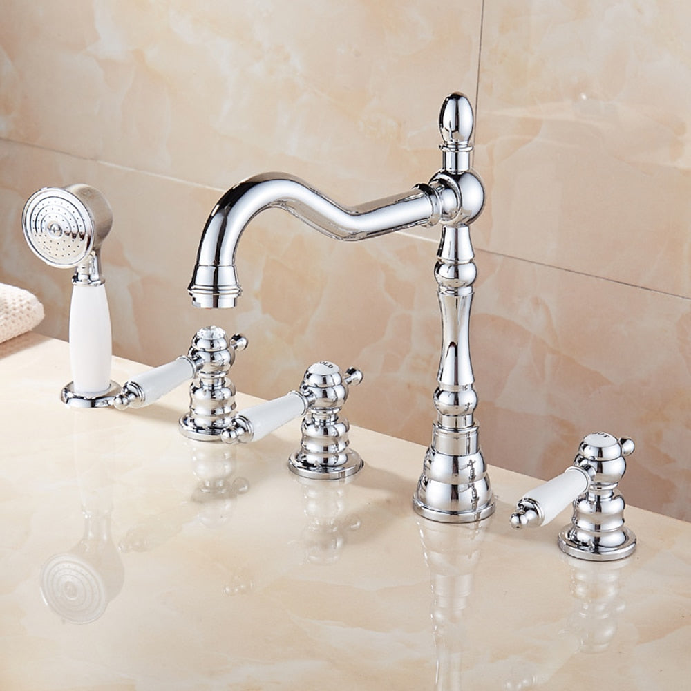 Traditional Chrome Roman Tub Faucet, 3-Handle Deck Mounted Tub Filler with Handheld Shower