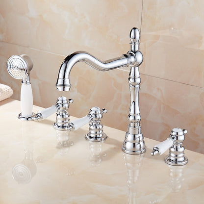 Traditional Chrome Roman Tub Faucet, 3-Handle Deck Mounted Tub Filler with Handheld Shower
