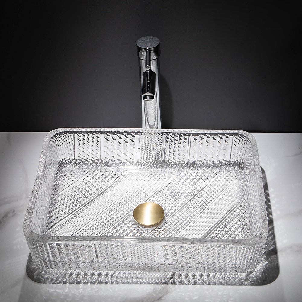 Transparent Rectangular Glass Vessel Sink, Single-Handle Chrome Faucet / Gold Pop-Up Drain Vessel Sink Set