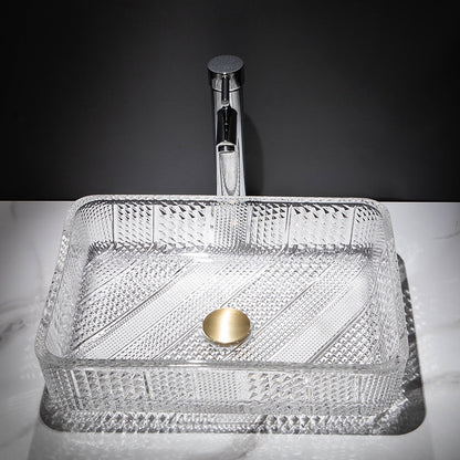 Transparent Rectangular Glass Vessel Sink, Single-Handle Chrome Faucet / Gold Pop-Up Drain Vessel Sink Set